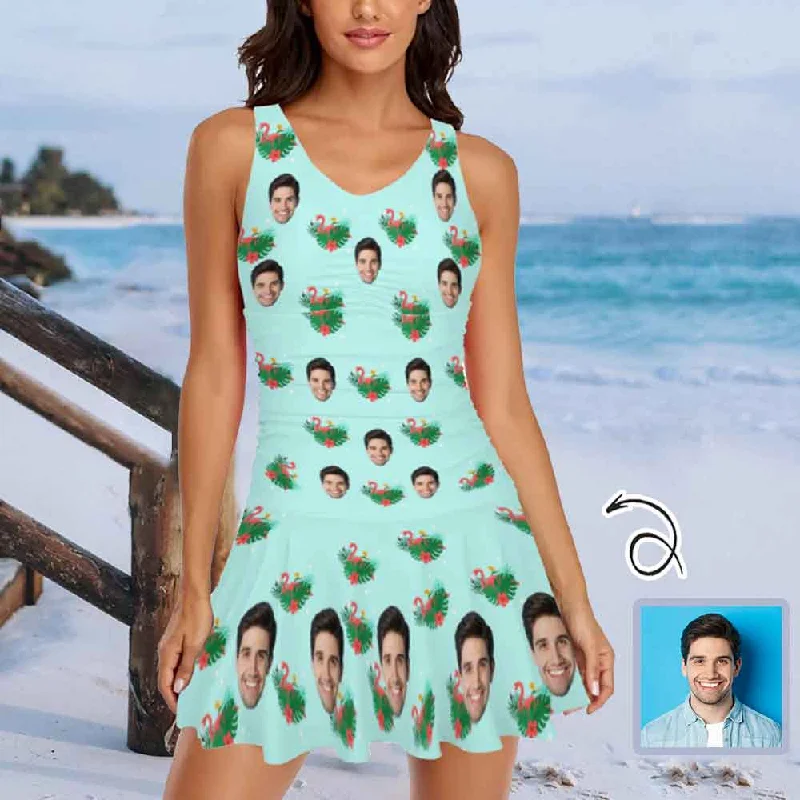 Custom Face Pink Flamingo Swimdress For Women One Piece Swimsuit Tropical Print One-Piece