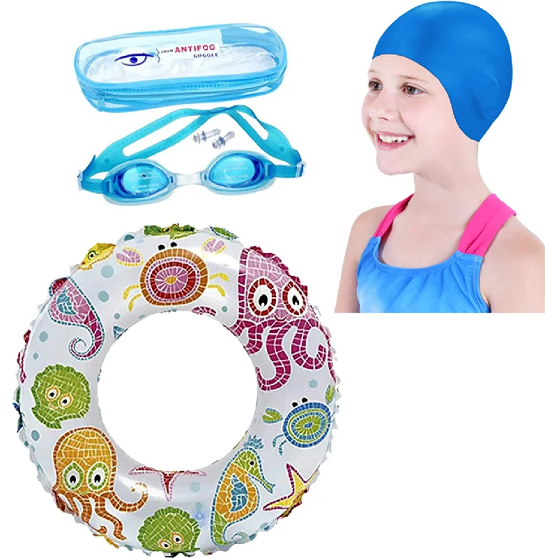 Fancydresswale Swimming Set for Kids with Swimming Goggles, Cap and Swim Ring, Random Colors and Design; Suitable of 3-6 Years Bold Color Swimsuit