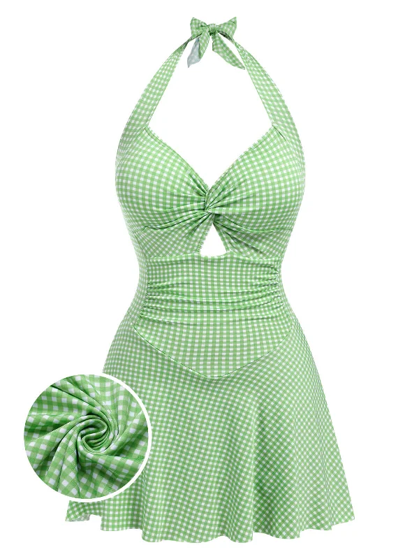 Light Green 1930s Plaid Halter One-Piece Swimsuit Chic Swimsuit Cover-Up
