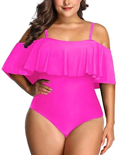 Cute Off Shoulder Flounce Swimwear For Women Plus Size One Piece-Neon Pink Strappy Back Bikini