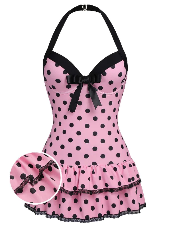 Pink 1940s Halter Polka Dots Bow One-Piece Swimsuit Adjustable Strap Swimsuit