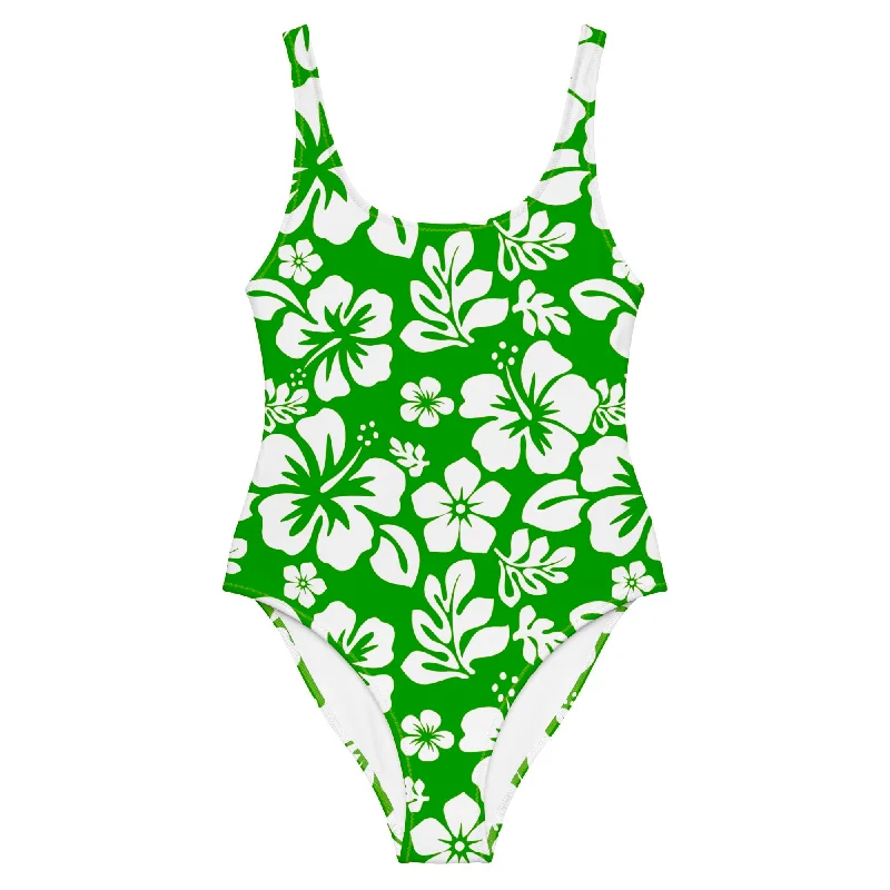 White Hawaiian Flowers on Fresh Green One-Piece Swimsuit Classic Sporty Swimsuit