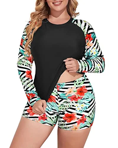 Plus Size Long Sleeve Rash Guard Swimsuit Set Boy Short Swimwear-Black And Striped Leaves Color-Block Bikini