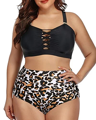 Criss Cross High Waisted Bikini Swimsuit For Plus Size Women-Black And Leopard Lace Back Bikini