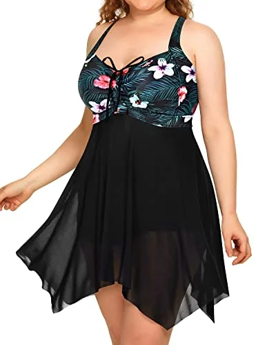 Irregular Hem Mesh Swim Dress Boyshorts Long Torso Swimsuits-Black Floral Two-Piece Beachwear
