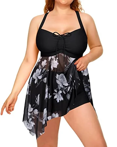 Retro Mesh Long Torso Swimsuits Tankini Two Piece Swim Dress-Black Vintage Swimwear Look