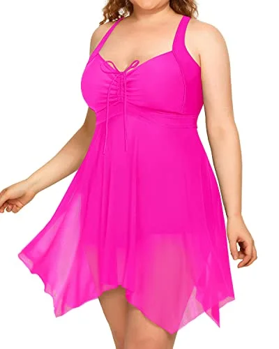 Plus Size Criss-Cross Open Back Two Piece Swim Dress-Neon Pink Lace Back Bikini