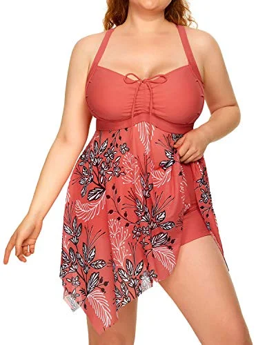 Flowy Mesh Tankini Plus Size Swimdress Boyshorts-Pink Flower Strap Bikini Set