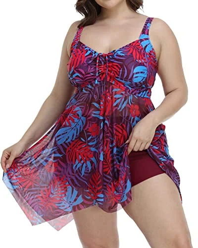 Retro Mesh Two Piece Swim Dress Boyshorts For Plus Size Women-Purple Leaf Crisscross Back Swimsuit