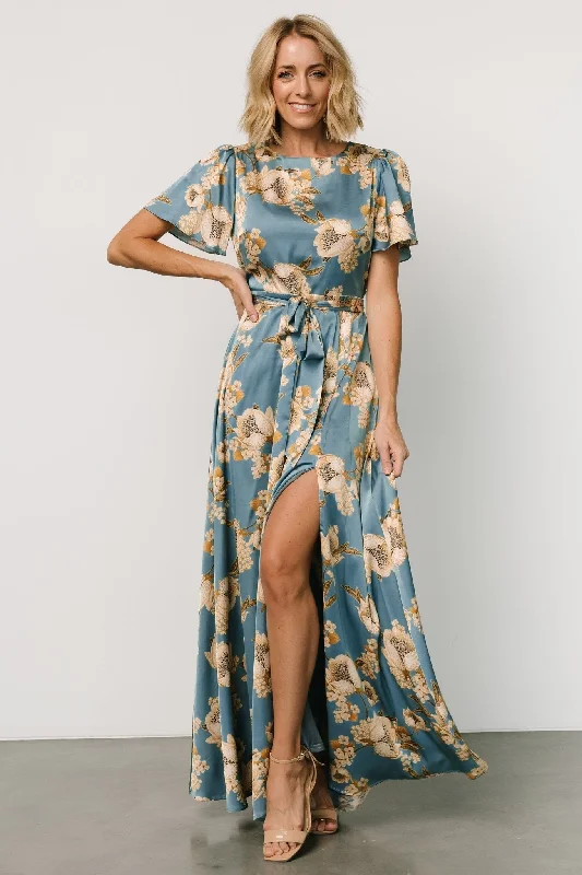 Agnes Satin Maxi Dress | Blue + Gold Cozy Wrap Maxi Dress