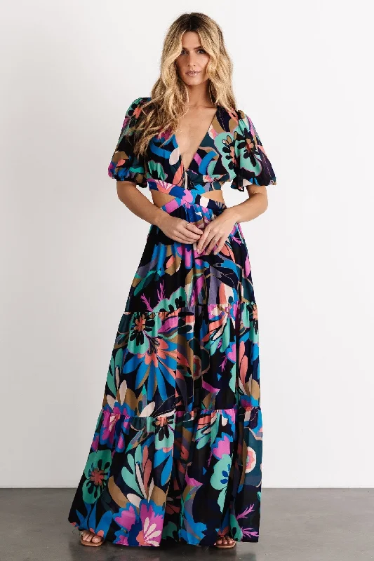 Bastina Open Back Maxi Dress | Black Print Trendy A-Line Maxi Dress