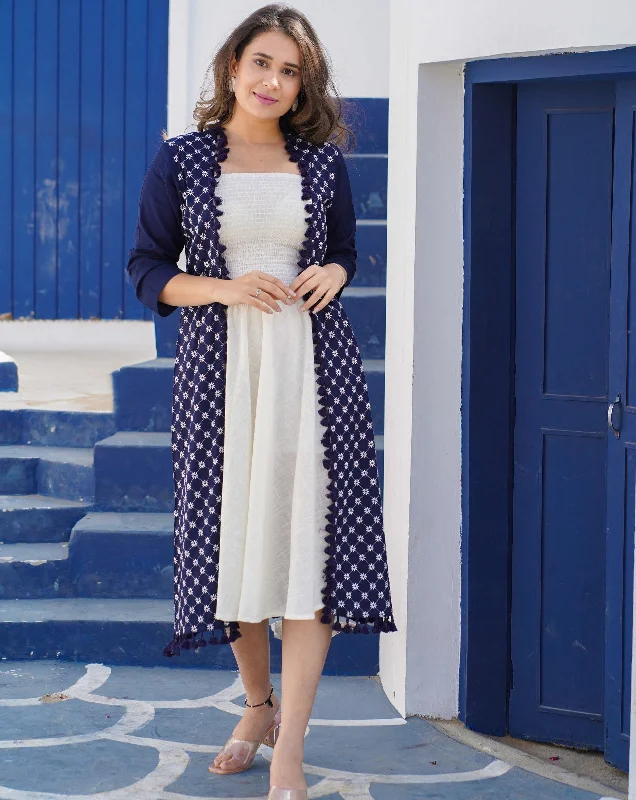 Blue Embroidered Jacket Maxi Dress Jacket Blazer Coat