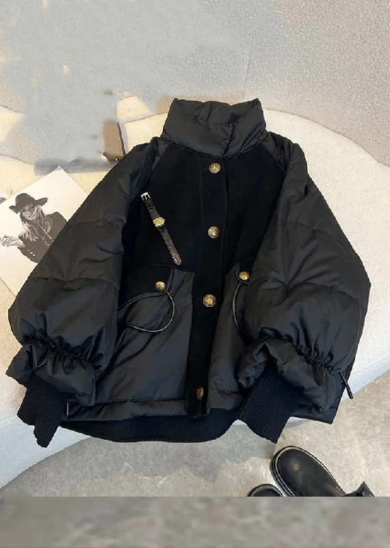 Chic Black Stand Collar Drawstring Zippered Fine Cotton Filled Puffer Jacket Winter Trench Coat Raincoat Waterproof Jacket Chic Black Stand Collar Drawstring Zippered Fine Cotton Filled Puffer Jacket Winter Trench Coat Raincoat Waterproof Jacket