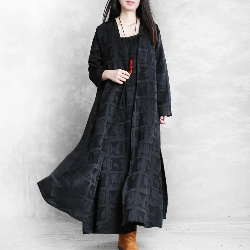 Chic side open two pieces Fashion Long coats black plaid Midi jackets fall Nylon Jacket Polyester Jacket Spandex Jacket
