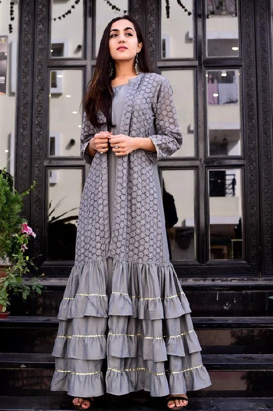 Grey Embroidered Jacket Maxi Dress Faux Fur Fabric Real Fur Fabric Shearling Fabric