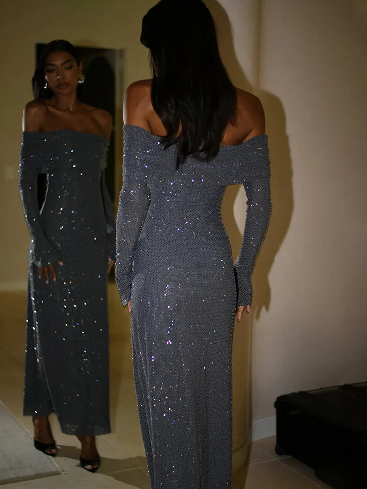 Off Shoulder Long Sparkle Glitter Nightclub Sexy Autumn Winter Maxi Dress Trendy Button Front Maxi Dress