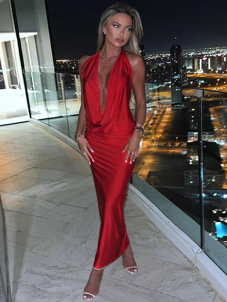 Bodycon Midi Long Spring Summer Halter Deep V Neck Backless Nightclub Sexy Party Maxi Dress Trendy Button Front Maxi Dress