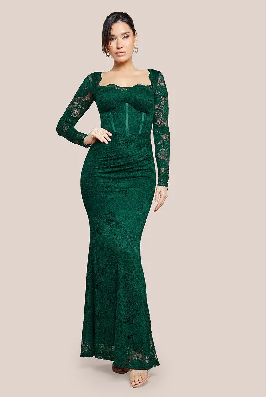 Goddiva Scalloped Lace Corset Bodice Maxi Dress - Emerald Green Chic Button-Up Maxi Dress