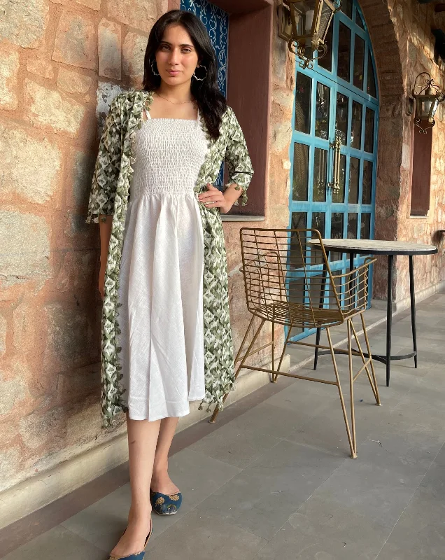 Green And White Maxi Dress Jacket Zip Front Button Front Snap Front