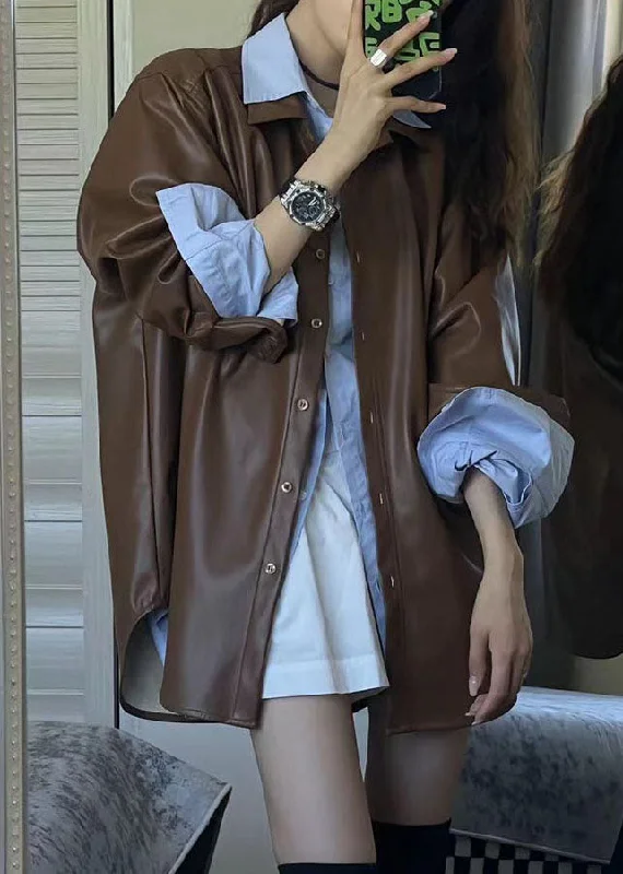 Loose Coffee Peter Pan Collar Button Faux Leather Jackets Long Sleeve Wool Jacket Cashmere Jacket Tweed Jacket Loose Coffee Peter Pan Collar Button Faux Leather Jackets Long Sleeve Wool Jacket Cashmere Jacket Tweed Jacket