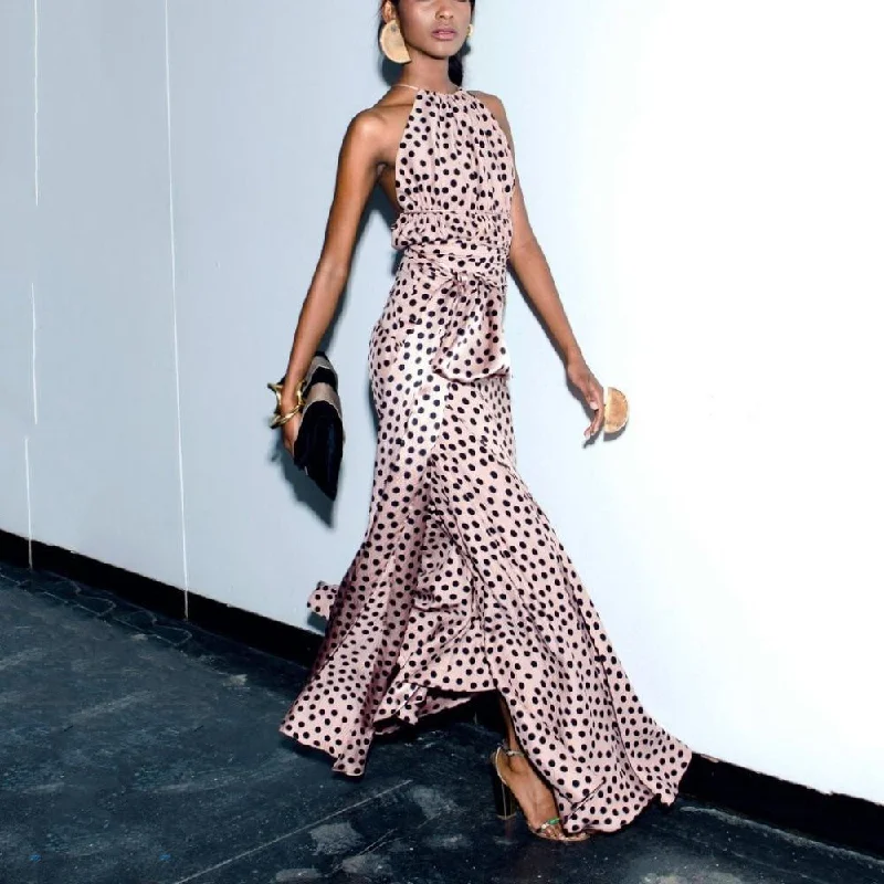 FashionSierra - Polka dots print party dress women wave point maxi Dresses  Elegant halter slit ruffle summer dress Boho long vestidos mujer Fashionable Maxi Dress with Fringe