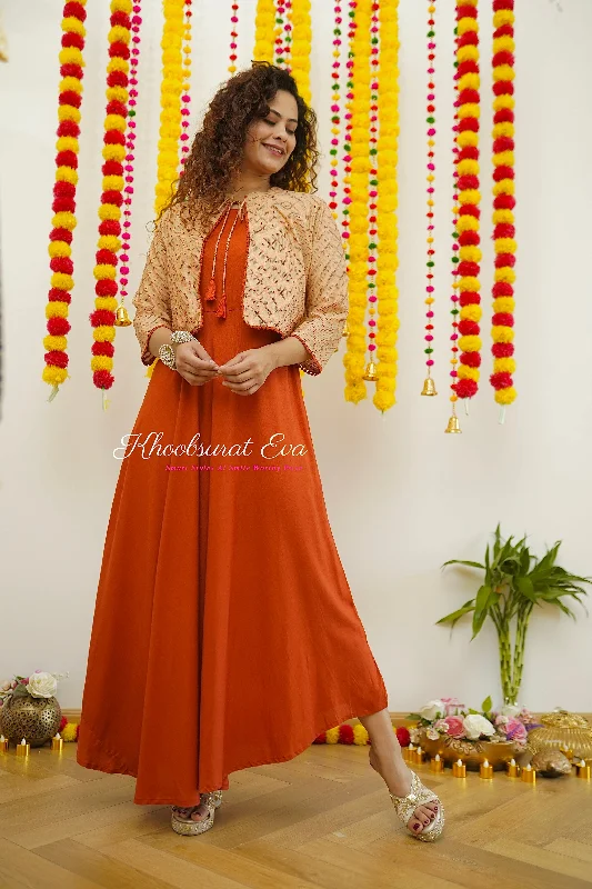 Red Beige Embroidered Jacket Maxi Dress Zippered Front Buttoned Front Snap Front