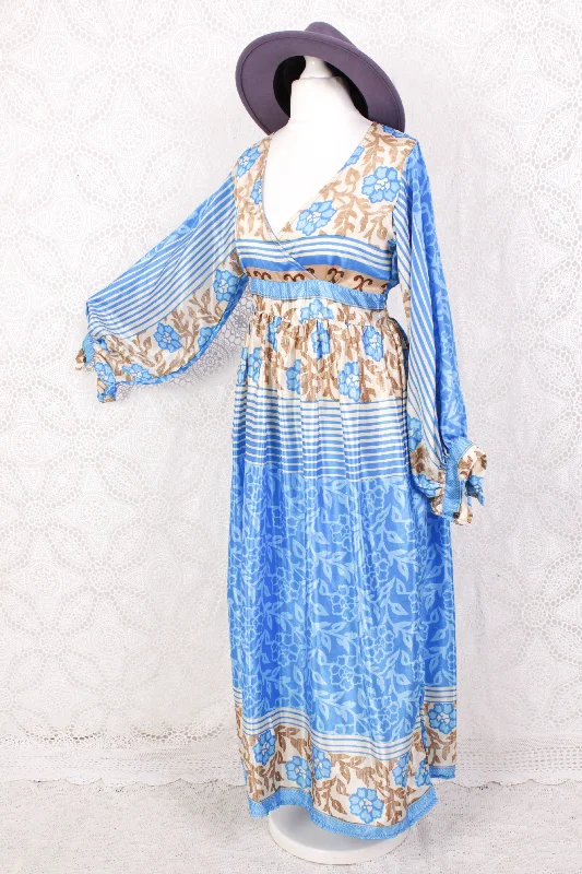 Rosemary Maxi Dress - Vintage Indian Sari - Summer Ocean & Beige Floral - S/M Stylish Boho Maxi Dress