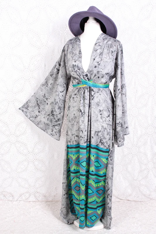 Stevie Maxi Dress - Vintage Indian Sari - Marbled Moon Grey - XS Elegant Maxi Dress with Slit