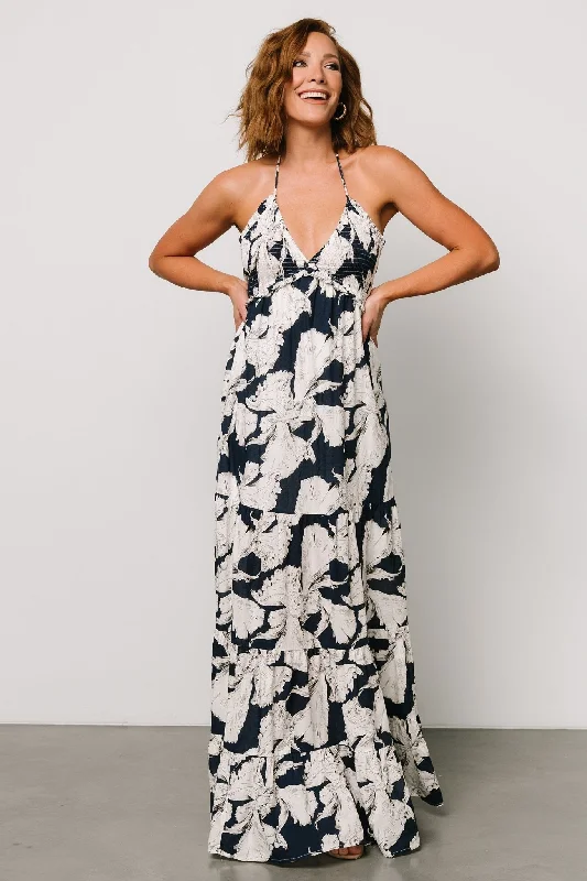 Visalia Maxi Dress | Navy + White Elegant Maxi Dress with Ruffles