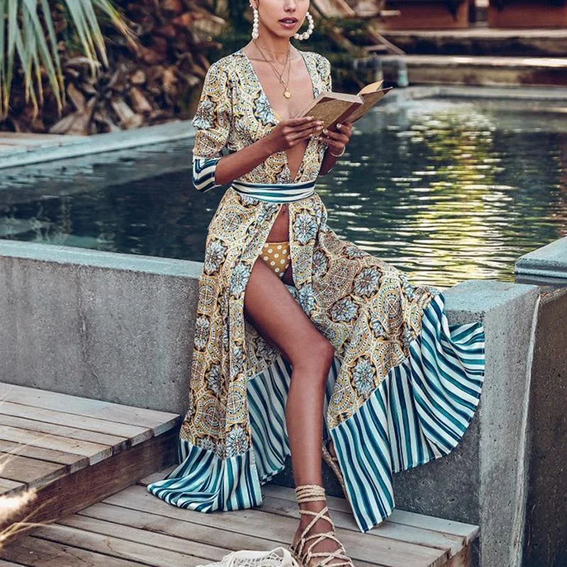 FashionSierra - Women Flower Striped Print Boho Dress Sashes Wrap Dress Summer Slit Long Sleeve Beach Maxi Dresses Vintage Robe Femme Trendy Fit-and-Flare Maxi Dress