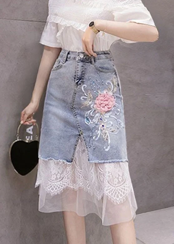 Bohemian Blue Tulle Patchwork Floral Button Denim Skirt velvet skirt sumptuous