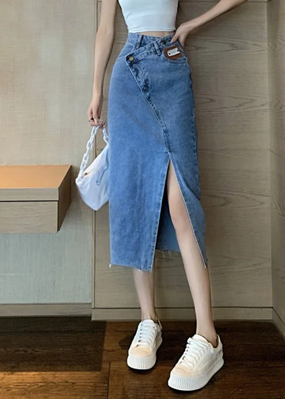 Chic Blue Side Open Asymmetrical Patchwork Denim Maxi Skirts Summer a-line skirt cut