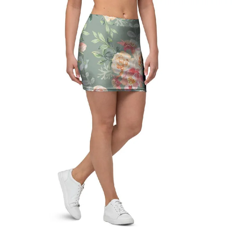 Pink Rose And Peony Floral Mini Skirt lace skirt intricate